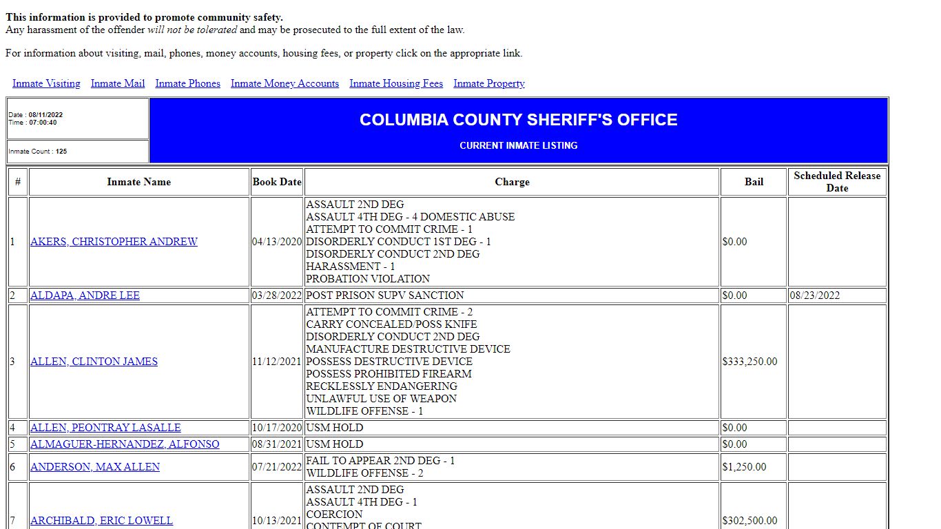 County Jail Inmate Population List - co.columbia.or.us